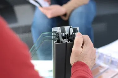Dłoń trzyma przekrój profilu okiennego z szybą, w tle siedząca osoba.