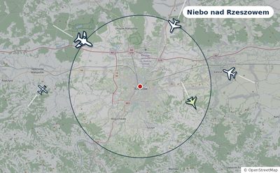 Mapa okolic miasta z sylwetkami samolotów — Niebo nad Rzeszowem na żywo