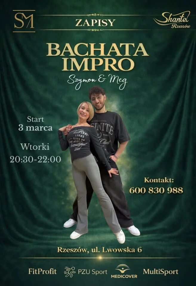 Grafika promocyjna wydarzenia Bachata Impro Shantel Rzeszów — zajęcia z improwizacji w bachacie