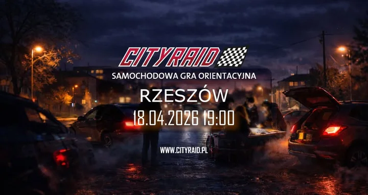 Grafika promocyjna wydarzenia CITYRAID Rzeszów: samochodowa gra orientacyjna z nagrodami