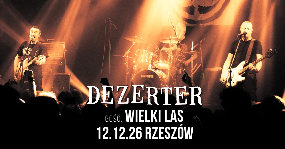 Grafika promocyjna wydarzenia Dezerter w Rzeszowie w Pod Palmą — głośny punkowy wieczór z Wielkim Lasem