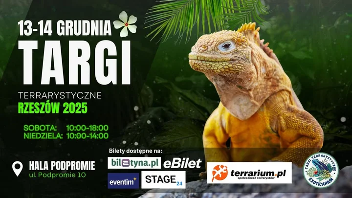 Grafika promocyjna wydarzenia EXOTICARIUM Rzeszów — targi terrarystyczne, 13–14 grudnia 2025