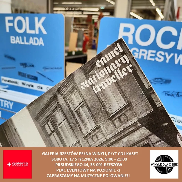 Grafika promocyjna wydarzenia Galeria Rzeszów pełna winyli, płyt CD i kaset — targi muzyczne 17 stycznia 2026