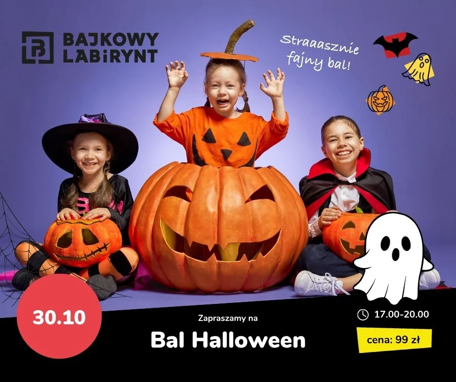 Grafika promocyjna wydarzenia Halloween w Bajkowym Labiryncie: bal dla dzieci