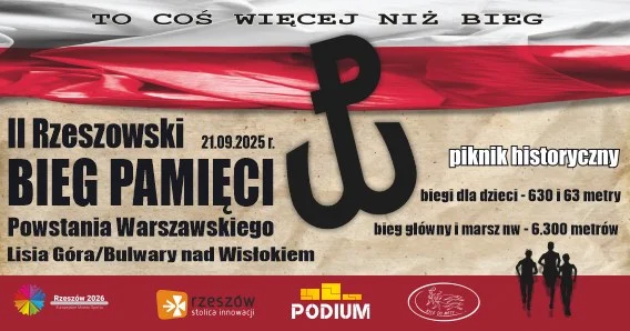 Obrazek przedstawia grafikę promocyjną wydarzenia Bieg i piknik upamiętniający Powstanie Warszawskie w Rzeszowie