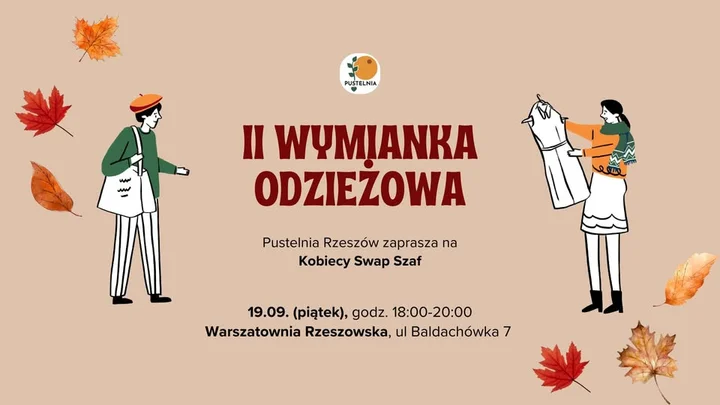 Obrazek przedstawia grafikę promocyjną wydarzenia Wymianka ubrań i dodatków w kameralnej przestrzeni Warsztatowni