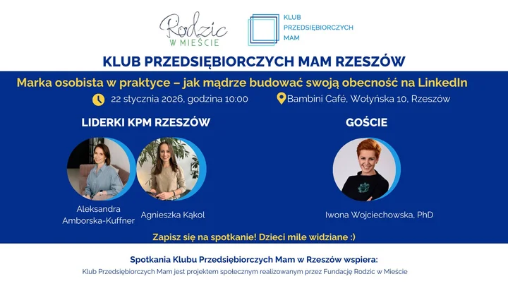 Grafika promocyjna wydarzenia Klub Przedsiębiorczych Mam Rzeszów — Marka osobista na LinkedIn (22.01.2026)