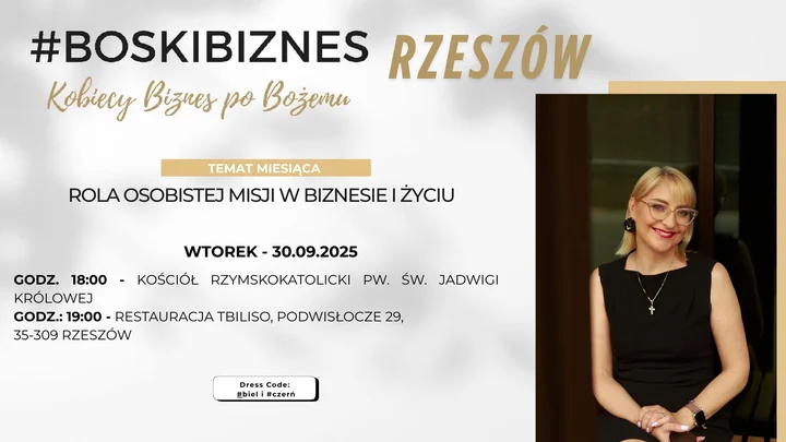 Obrazek przedstawia grafikę promocyjną wydarzenia Spotkanie dla kobiet łączące wiarę i rozwój biznesowy w Rzeszowie
