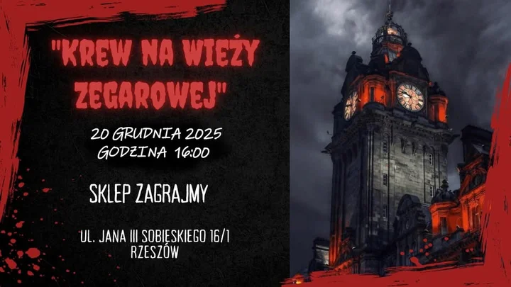 Grafika promocyjna wydarzenia Krew na Wieży Zegarowej — I Rzeszów na planszy: gra fabularna w Sklepie Zagrajmy