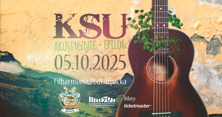 Obrazek przedstawia grafikę promocyjną wydarzenia KSU w wersji akustycznej — koncert w Filharmonii Podkarpackiej