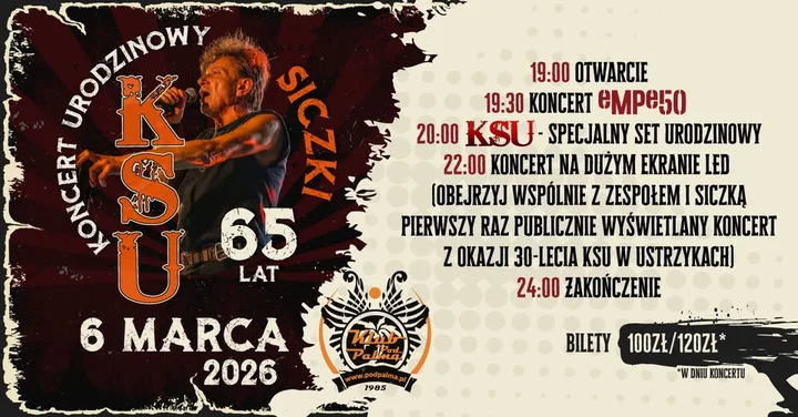 Grafika promocyjna wydarzenia KSU — koncert urodzinowy Siczki w Rzeszowie (Pod Palmą)