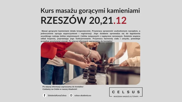 Grafika promocyjna wydarzenia Kurs Masażu Gorącymi Kamieniami — Rzeszów
