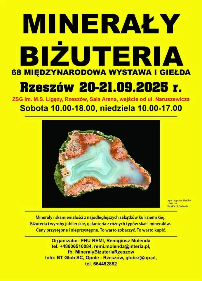 Obrazek przedstawia grafikę promocyjną wydarzenia Wystawa minerałów i biżuterii w Rzeszowie — 20–21 września 2025