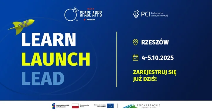 Obrazek przedstawia grafikę promocyjną wydarzenia Hackathon NASA Space Apps Challenge w Rzeszowie — 4–5 października 2025