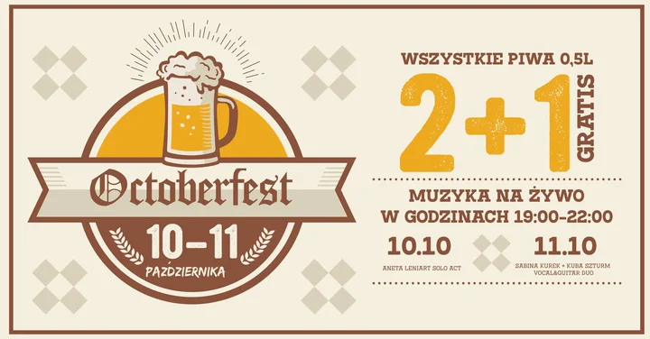 Obrazek przedstawia grafikę promocyjną wydarzenia Oktoberfest w Browarze Manufaktura Rzeszów — dwa wieczory piwa i muzyki