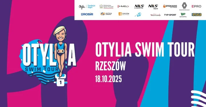 Obrazek przedstawia grafikę promocyjną wydarzenia Warsztaty pływackie Otylia Swim Tour 2025 w Rzeszowie