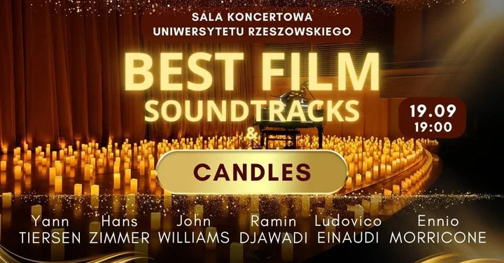 Obrazek przedstawia grafikę promocyjną wydarzenia Koncert filmowych tematów przy świetle świec w Rzeszowie