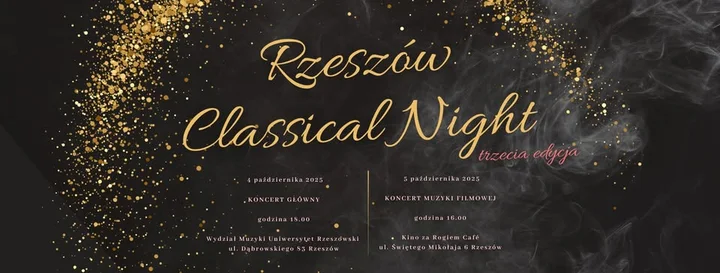 Obrazek przedstawia grafikę promocyjną wydarzenia Klasyczne wieczory muzyczne w Rzeszowie — trzydniowe spotkanie z muzyką