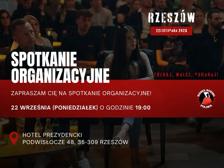 Obrazek przedstawia grafikę promocyjną wydarzenia Spotkanie informacyjne przed galą Biznes Boxing Rzeszów