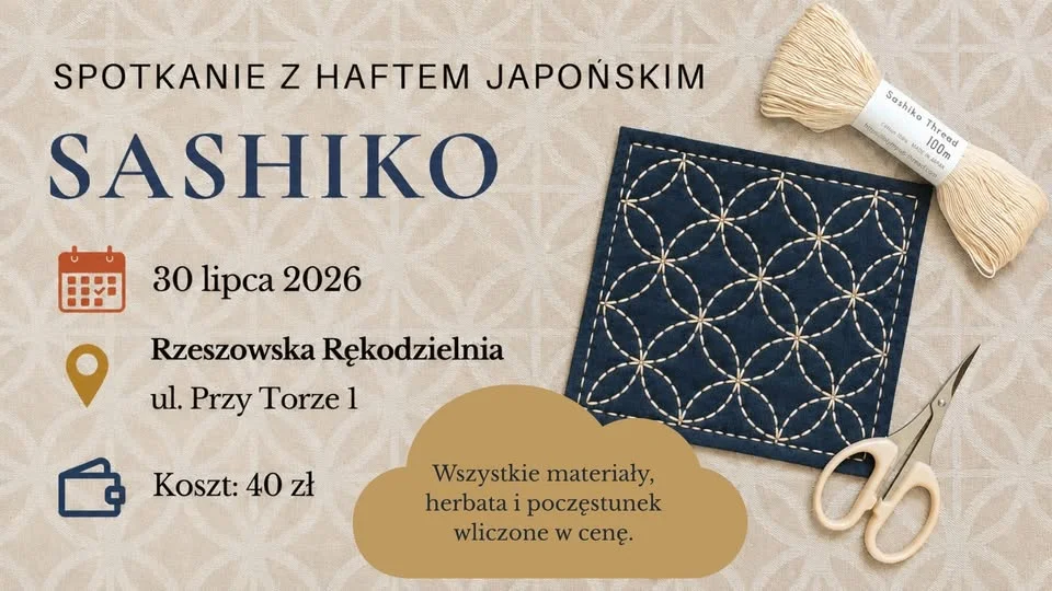 Grafika promocyjna wydarzenia Spotkanie z haftem japońskim sashiko w Rzeszowie