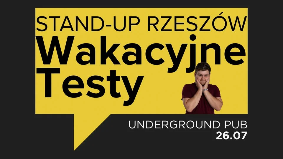 Grafika promocyjna wydarzenia Stand-up Rzeszów: wakacyjne testy żartów