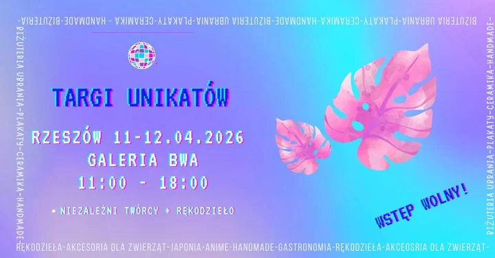 Grafika promocyjna wydarzenia Targi Unikatów w Rzeszowie — rękodzieło i autorski design (11–12 kwietnia 2026)