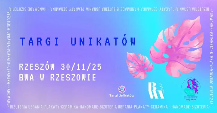 Obrazek przedstawia grafikę promocyjną wydarzenia Targi unikatowych przedmiotów w Galerii BWA w Rzeszowie