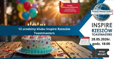 Grafika promocyjna wydarzenia 12. urodziny Inspire Rzeszów Toastmasters na Lisiej Górze