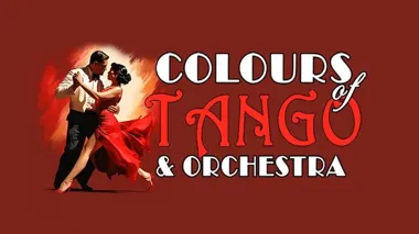 Grafika promocyjna wydarzenia Colours of Tango & Orchestra w Rzeszowie — tango, harfa i orkiestra na żywo