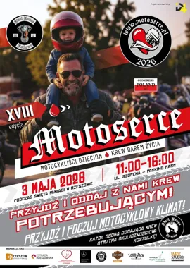 Grafika promocyjna wydarzenia MOTOSERCE Rzeszów 2026 – motocyklowa akcja krwiodawstwa wraca do miasta