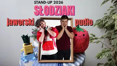 Grafika promocyjna wydarzenia Słodziaki — stand-up duet: Kubuś Pudło i Szymon Jaworski w Rzeszowie