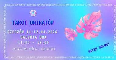 Grafika promocyjna wydarzenia Targi Unikatów w Rzeszowie — rękodzieło i autorski design (11–12 kwietnia 2026)