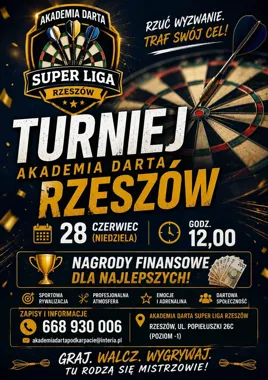 Grafika promocyjna wydarzenia Turniej Niedzielny Akademii Darta Rzeszów: niedzielne granie przy tarczy