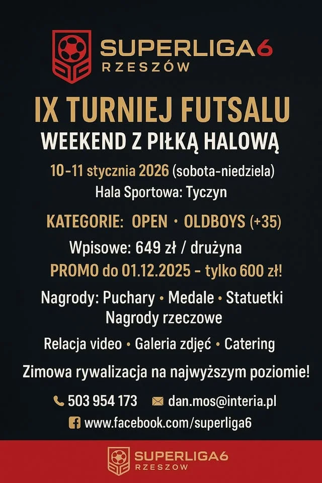 Grafika promocyjna wydarzenia WEEKEND z Super Liga Rzeszów — turnieje futsalu w Tyczynie