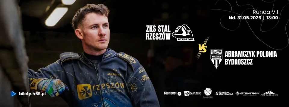 Grafika promocyjna wydarzenia ZKS Stal Rzeszów – Abramczyk Polonia Bydgoszcz. Żużlowy hit 7. rundy w Rzeszowie