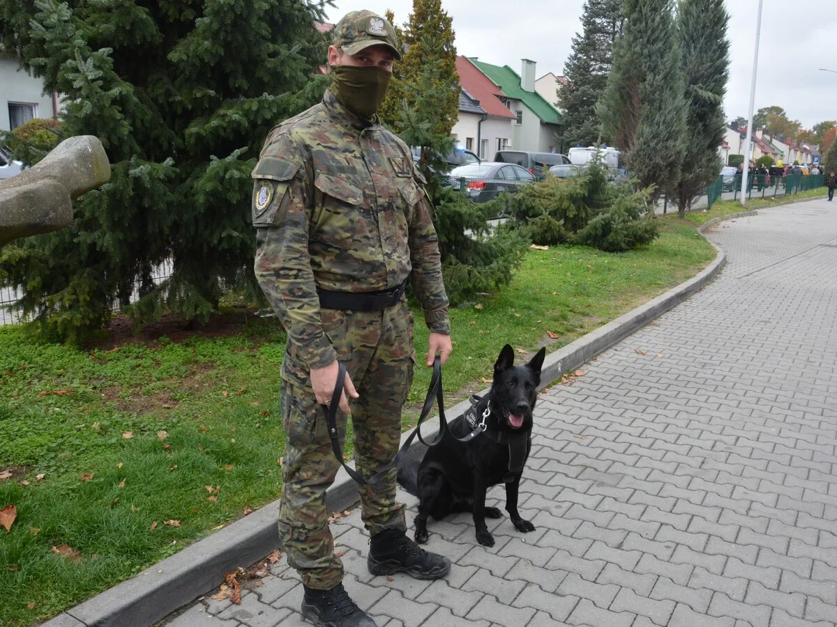 Funkcjonariusz w kamuflażu z czarnym psem służbowym na smyczy stoi na brukowanej alejce w pobliżu zieleni i zabudowy mieszkalnej.